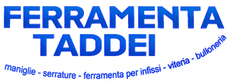 Logo di Ferramenta Taddei con scritta blu su sfondo bianco e piccole parole in italiano per ferramenta e servizi di costruzione