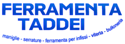 Logo di Ferramenta Taddei con scritta blu su sfondo bianco e piccole parole in italiano per ferramenta e servizi di costruzione