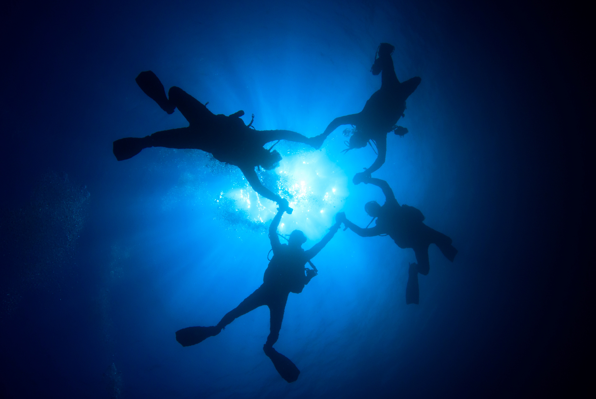 A group of scuba divers are holding hands in the ocean.