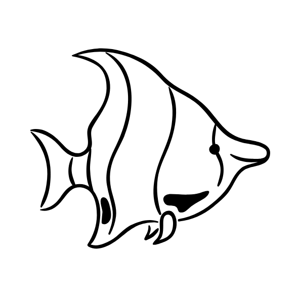 A black and white drawing of a fish on a white background.