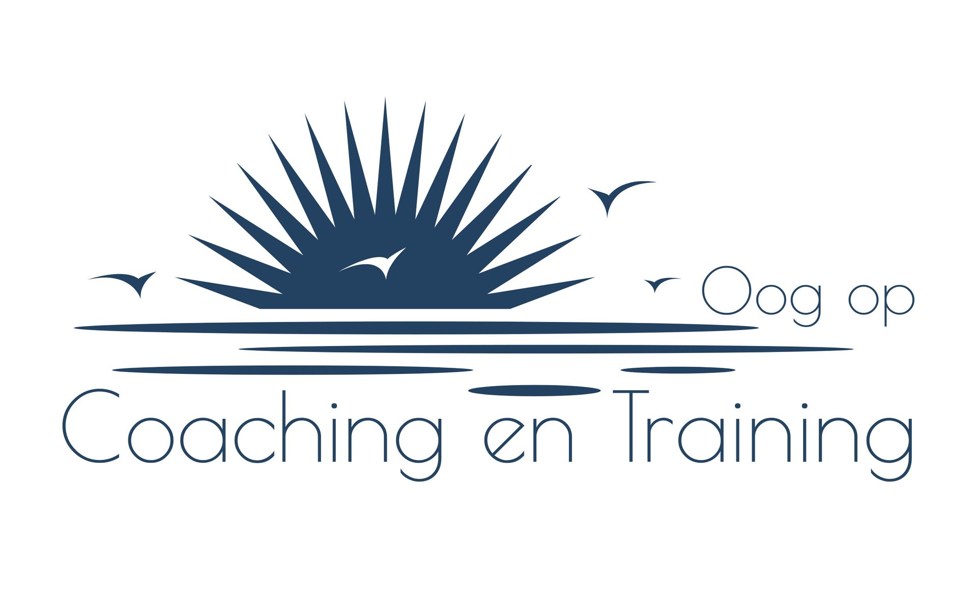 Logo voor Oog op Coaching en Training met een blauwe zonnestralen, vogels en de naam
