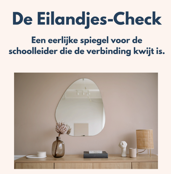 Nederlandse poster “De Eilandjes-Check” met spiegel boven een dressoir in een zachte, minimalistische kamer