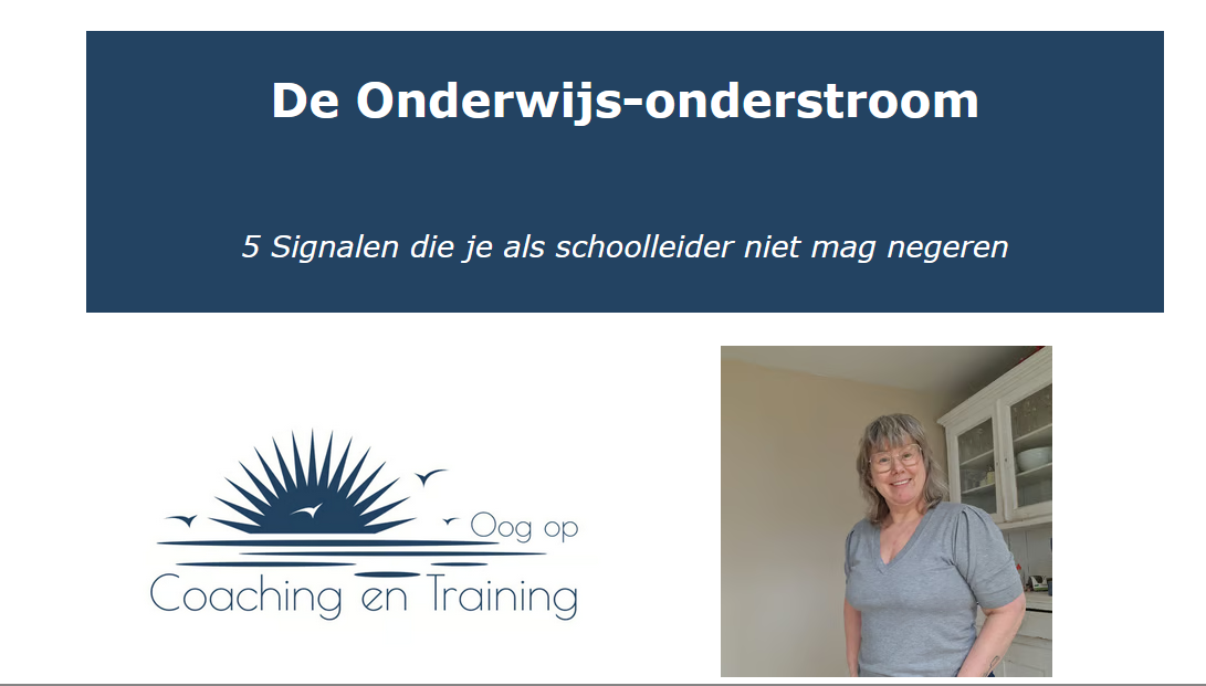 Blauwe Nederlandse titeldia voor “De Onderwijs-onderstroom” met logo en een kleine portretfoto rechts.