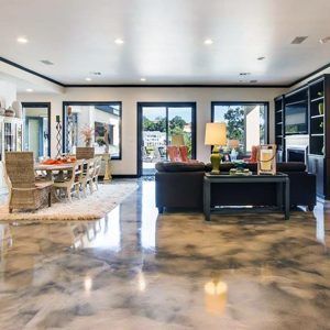Bright modern living room with glossy floors, dark furniture, large windows, and a dining area.