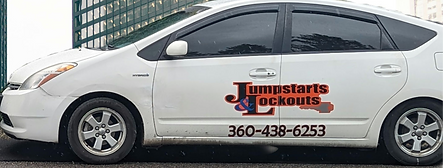 A white car with the word jumpstarts on it