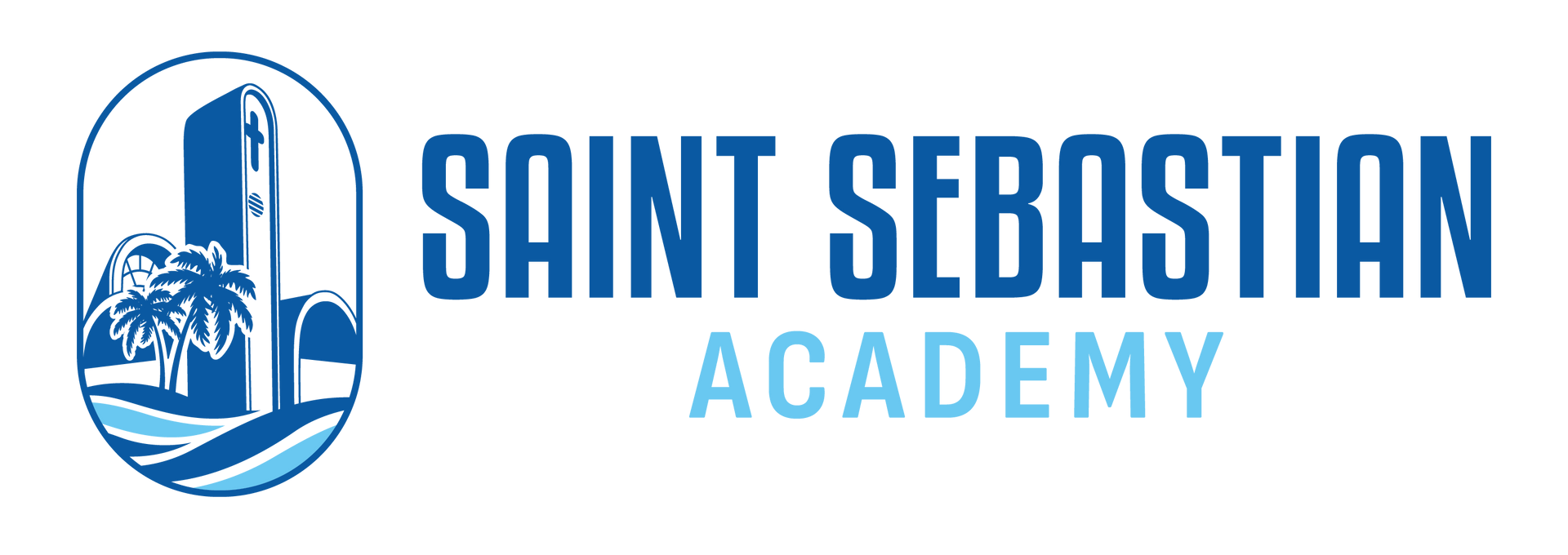 Saint Sebastian Academy logo in blue with stylized church and palm tree icon