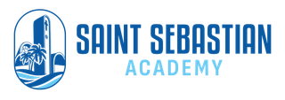 Saint Sebastian Academy logo in blue with stylized church and palm tree icon