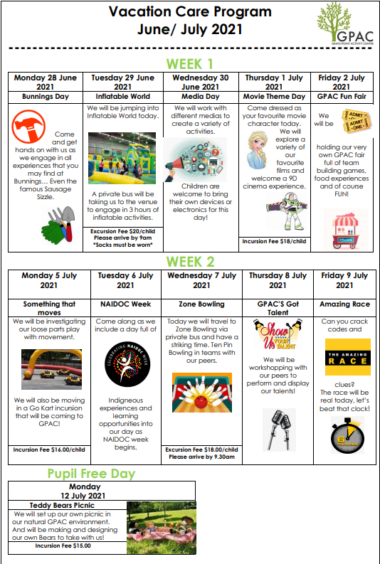 June/July Vacation Care Program and Booking Forms