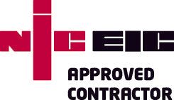 A red and black logo that says approved contractor on a white background.