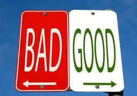 A red and white sign that says bad and good
