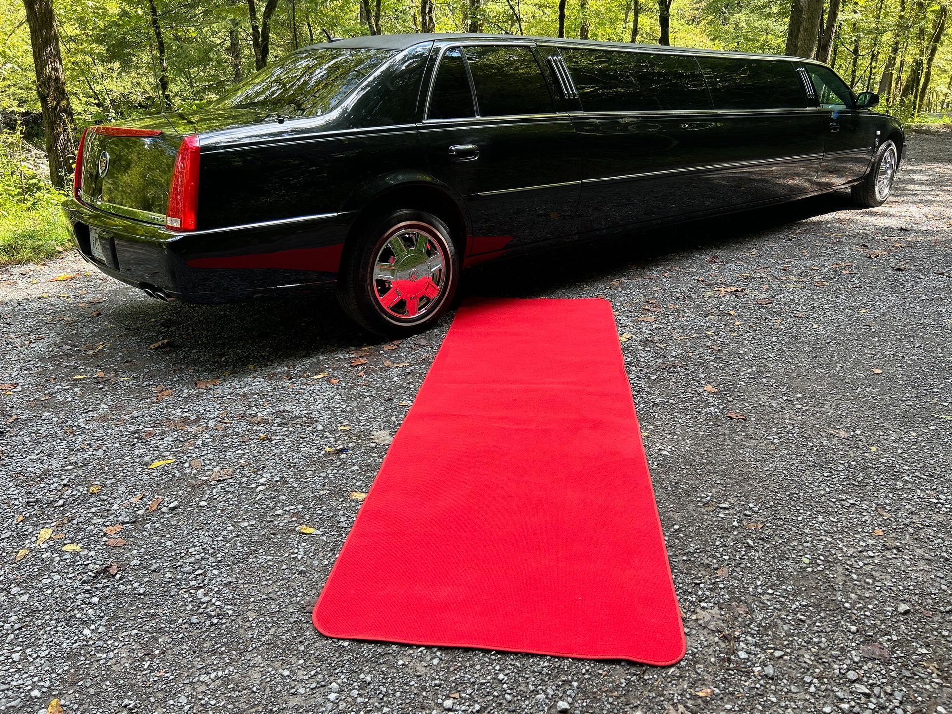 Black limousine parked on gravel with a red carpet rolled out.
