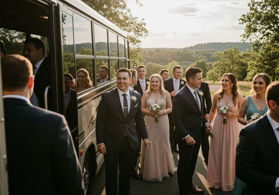 Wedding party gathered beside a bus outdoors at sunset, with bridesmaids in blush dresses and groomsmen in suits.