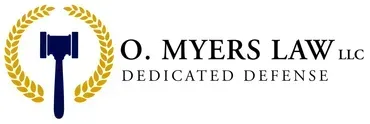 O. Myers Law LLC logo with gold laurel wreath and blue hammer icon, “Dedicated Defense” text