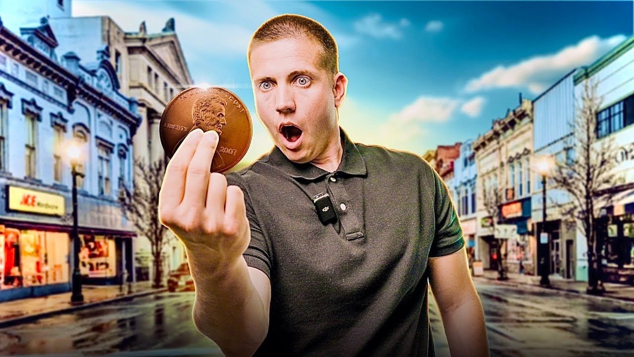A man is holding a donut in his hand in front of a city street.
