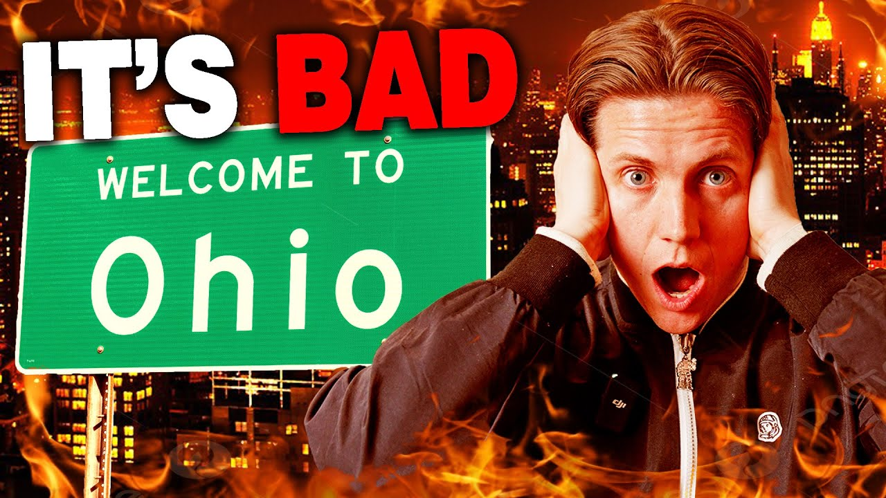 Man with shocked expression beside a green “Welcome to Ohio” sign, with “IT’S BAD” text above.