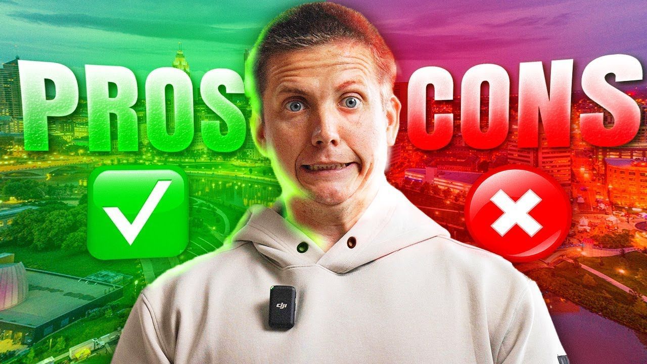 Man in white hoodie between green “PROS” with checkmark and red “CONS” with X over blurred city background