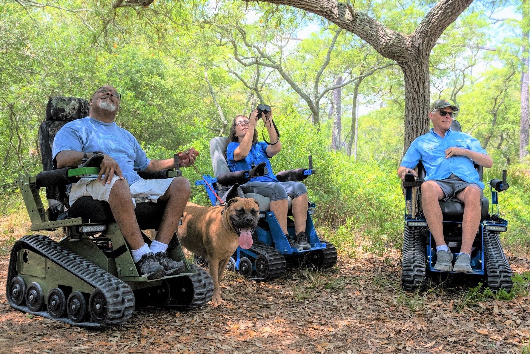 A group of people in wheelchairs are sitting in the woods with a dog.