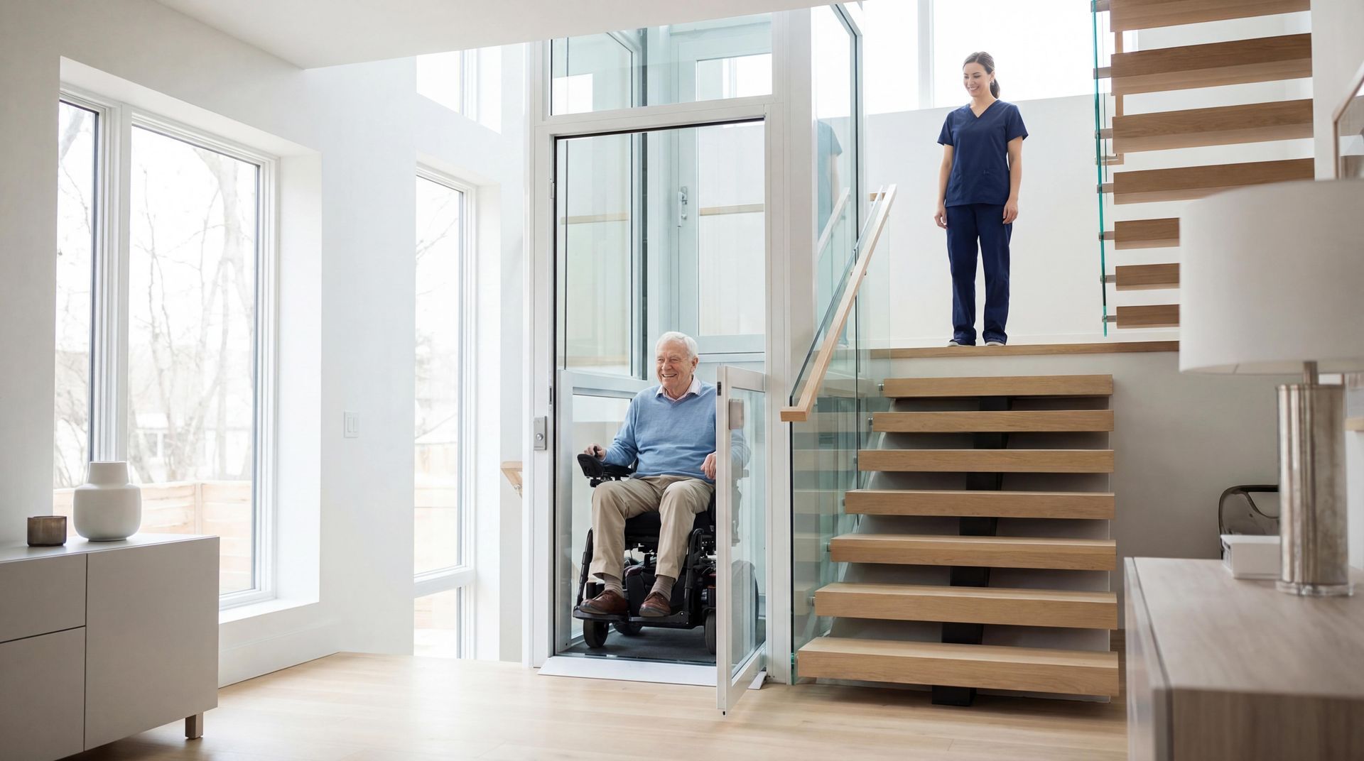 Senior man using home elevator with caregiver support.