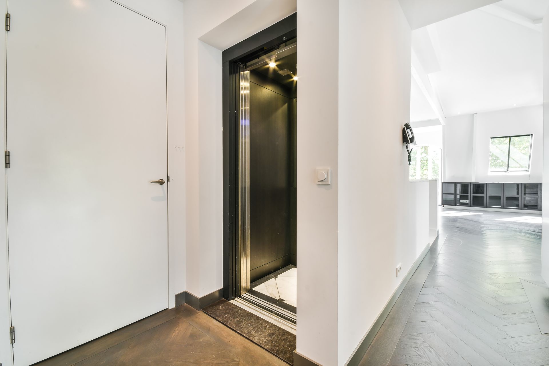 An open elevator. An open elevator.