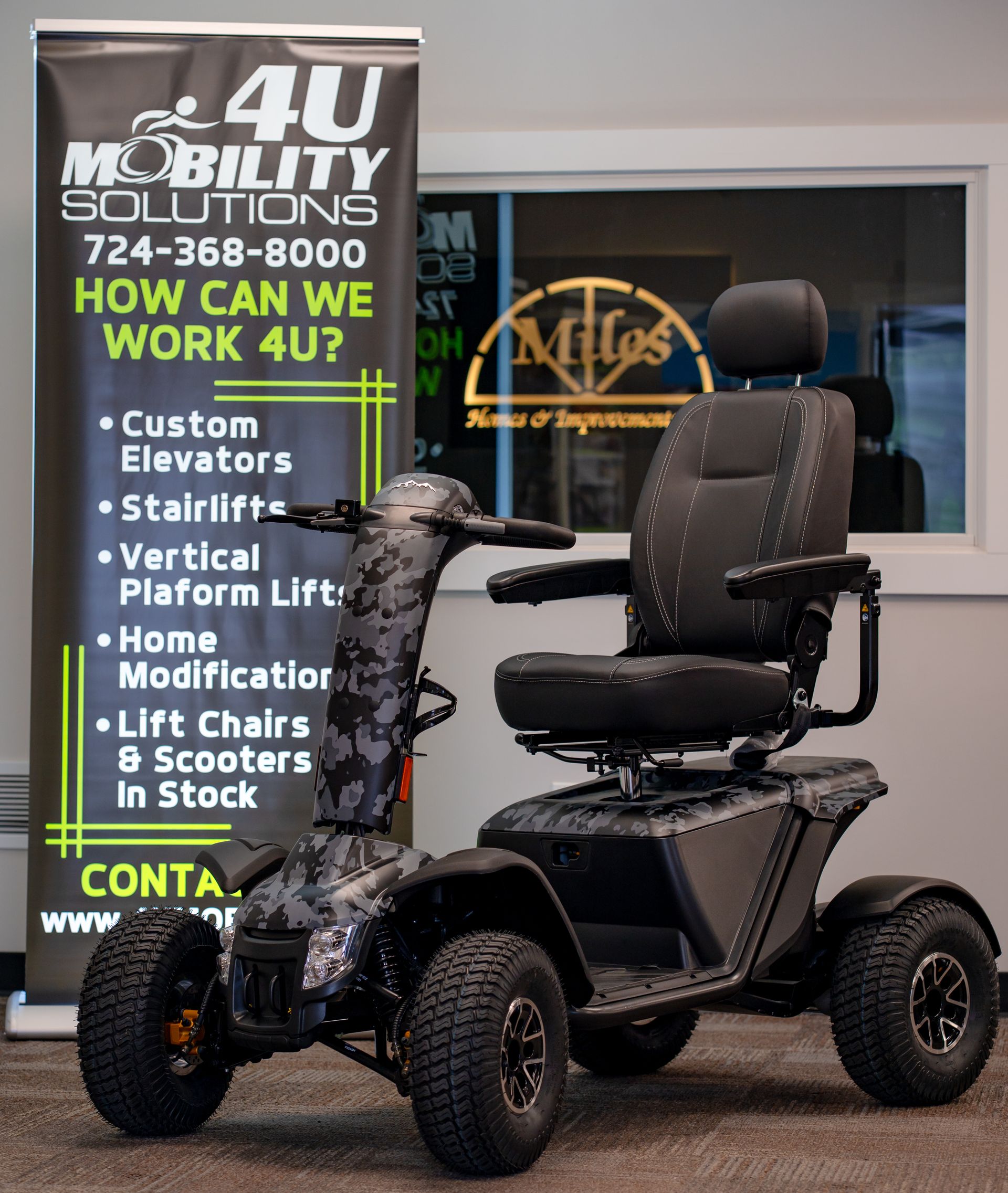 Mobility scooter in showroom next to banner for 4U Mobility Solutions, featuring a list of services.