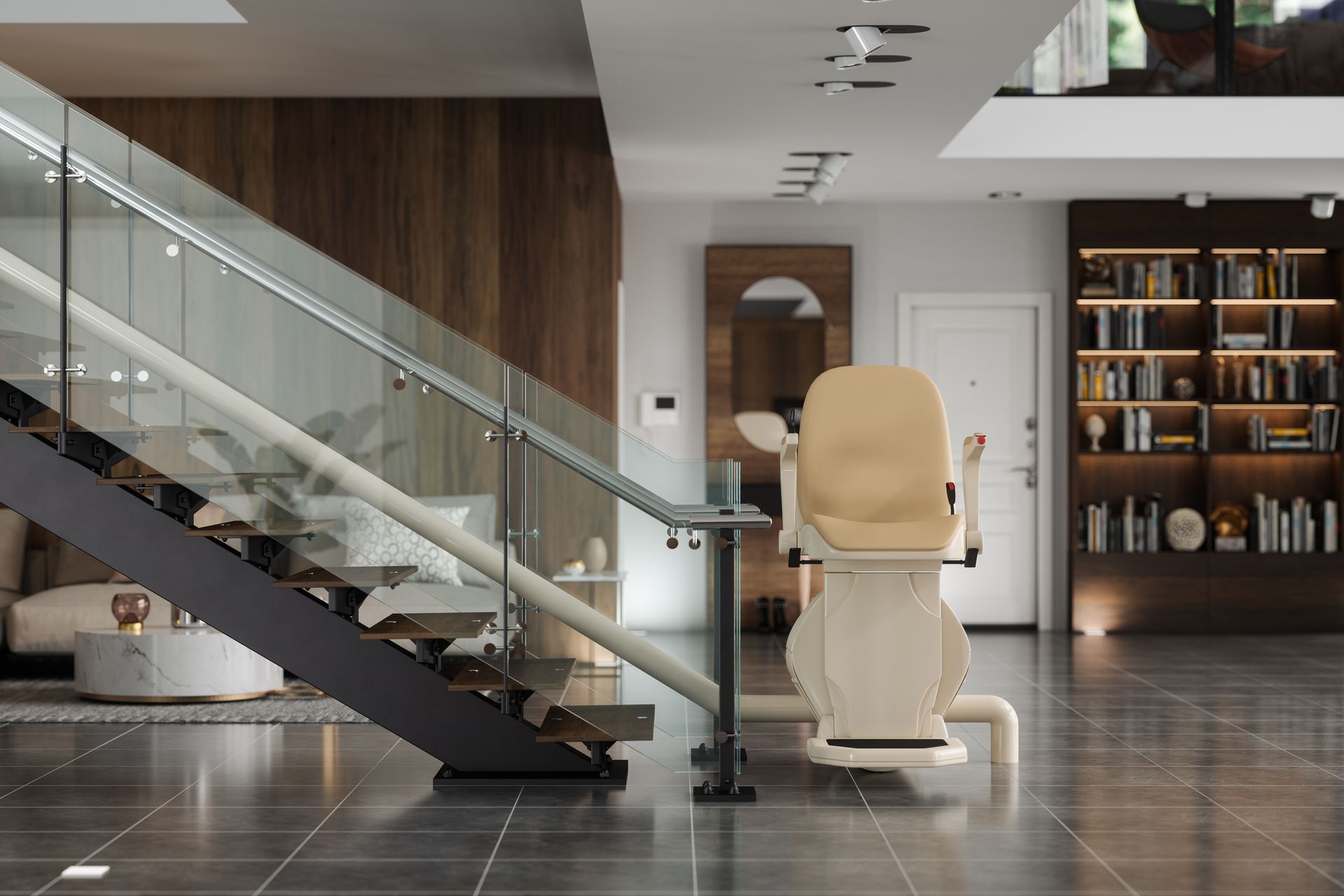 Automatic chairlift on staircase in modern house with blurred background.][