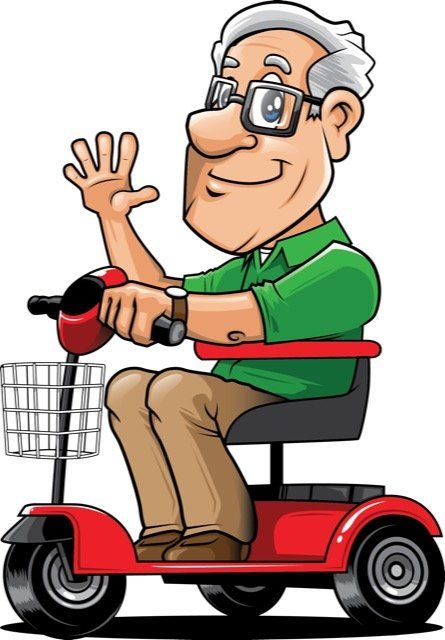 A cartoon of an elderly man riding a mobility scooter