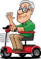 A cartoon of an elderly man riding a mobility scooter
