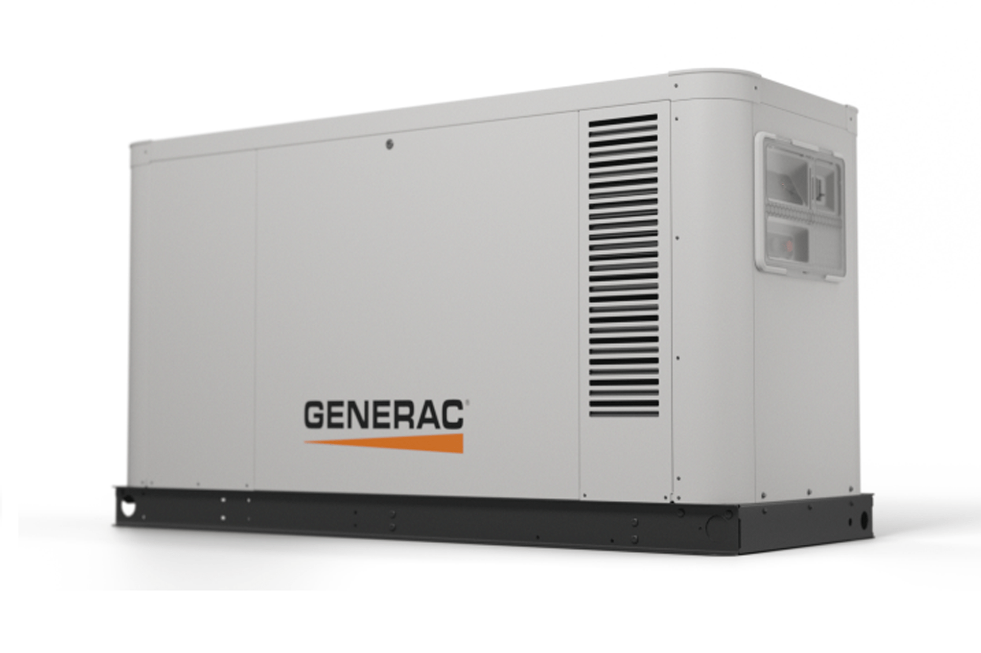White Generac standby generator on a black base, shown in side view.