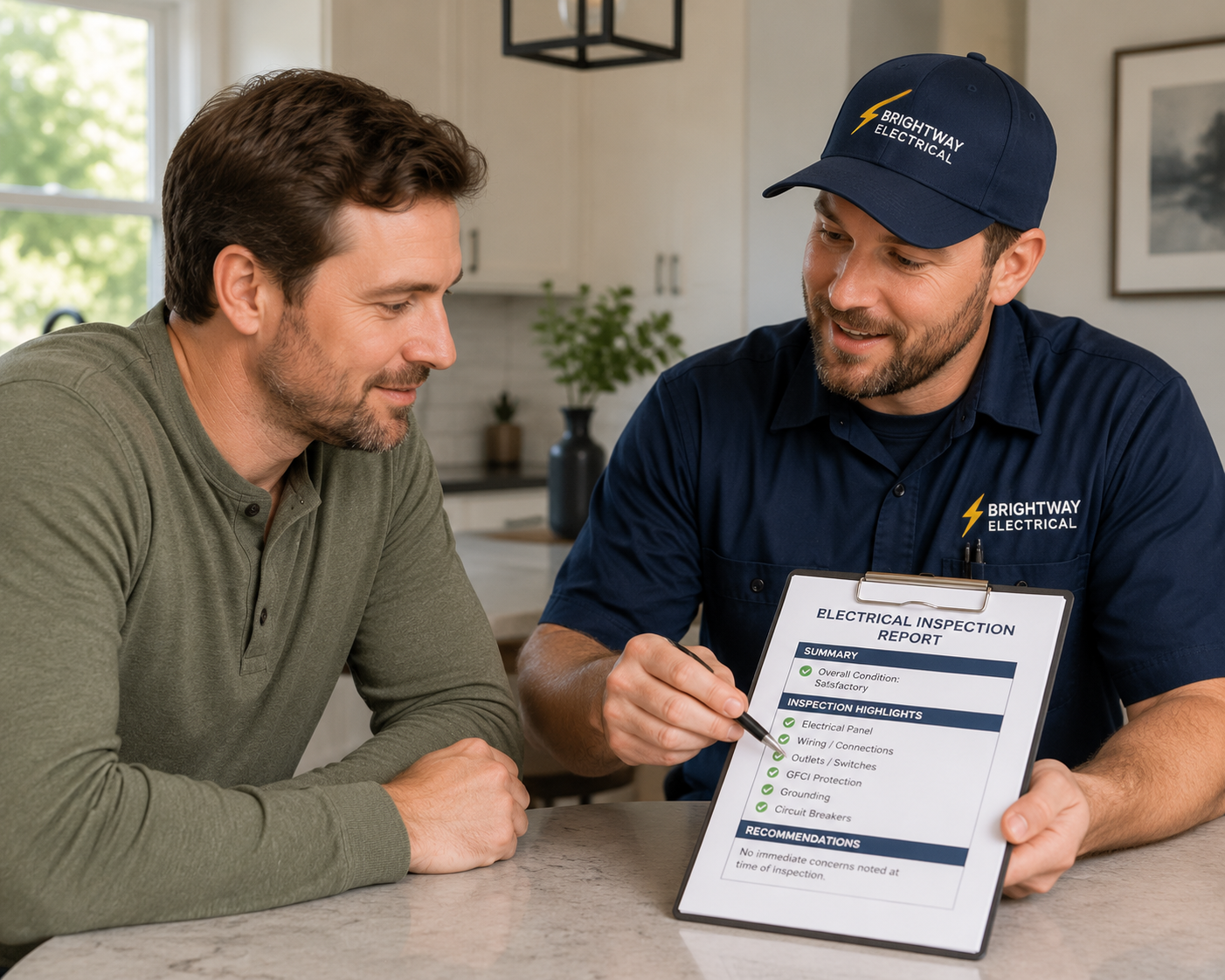 Homeowner discussing electrical panel inspection results