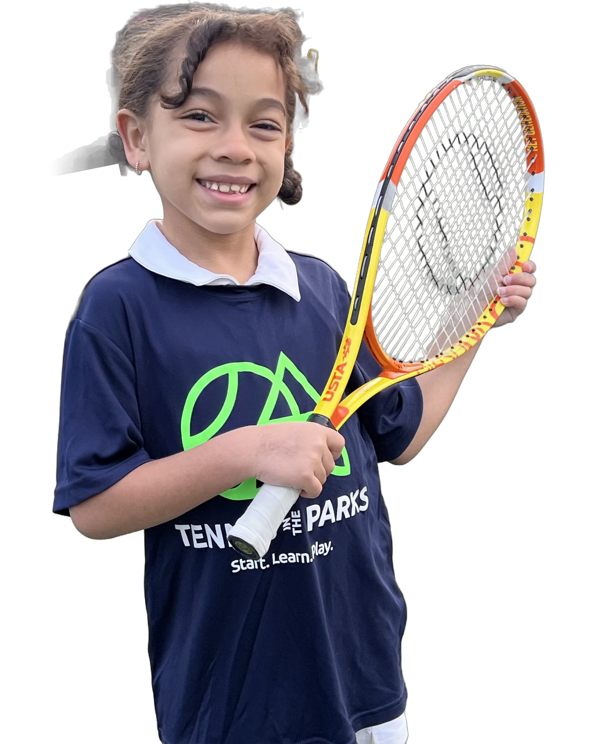 Smiling Serving Stars player in a Tennis in the Parks shirt holding a tennis racquet in Lawrence, MA