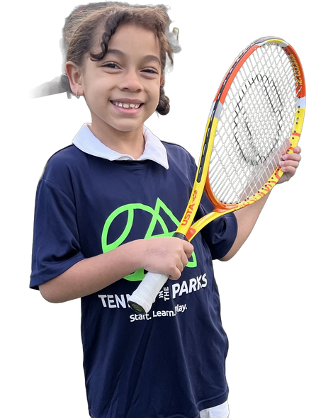 Smiling Serving Stars player in a Tennis in the Parks shirt holding a tennis racquet in Lawrence, MA
