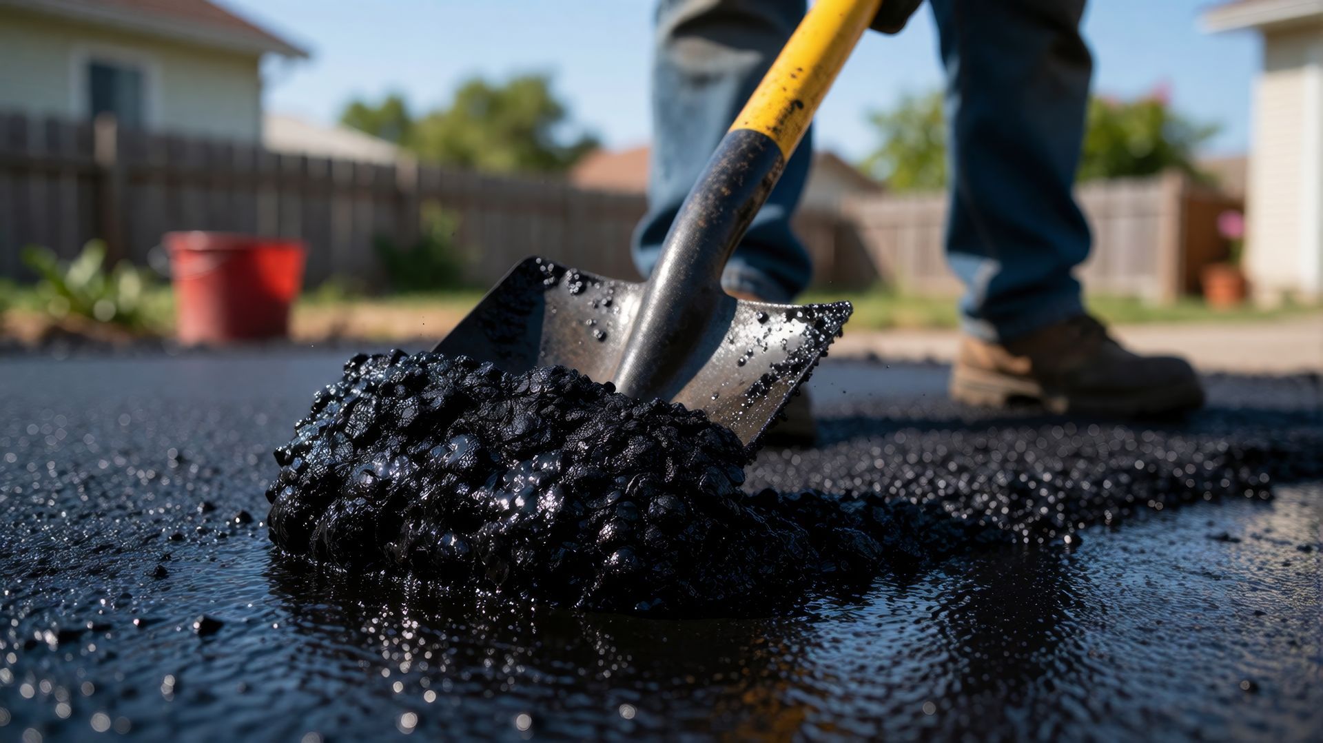 An asphalt driveway contractor spreads fresh hot mix with a yellow-handled shovel on the driveway An asphalt driveway contractor spreads fresh hot mix with a yellow-handled shovel on the driveway