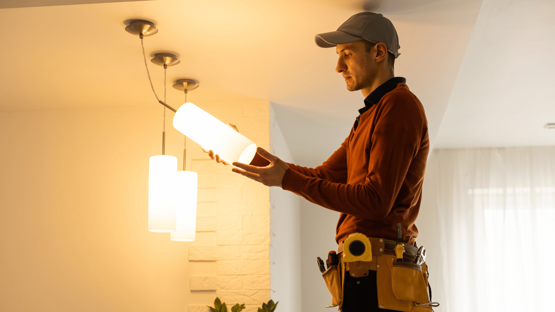 A man is installing a light fixture in a living room.