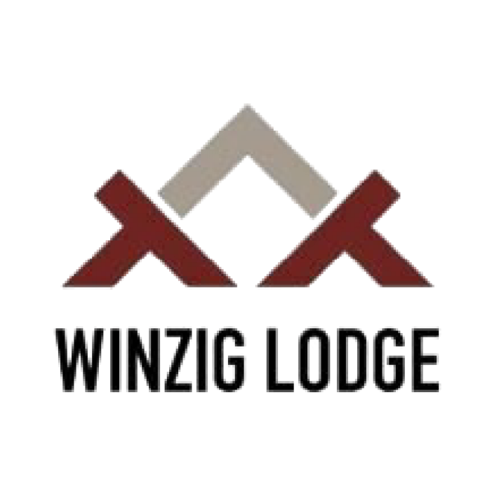 Winzig Lodge logo with stylized brown and beige roof over the name in black text