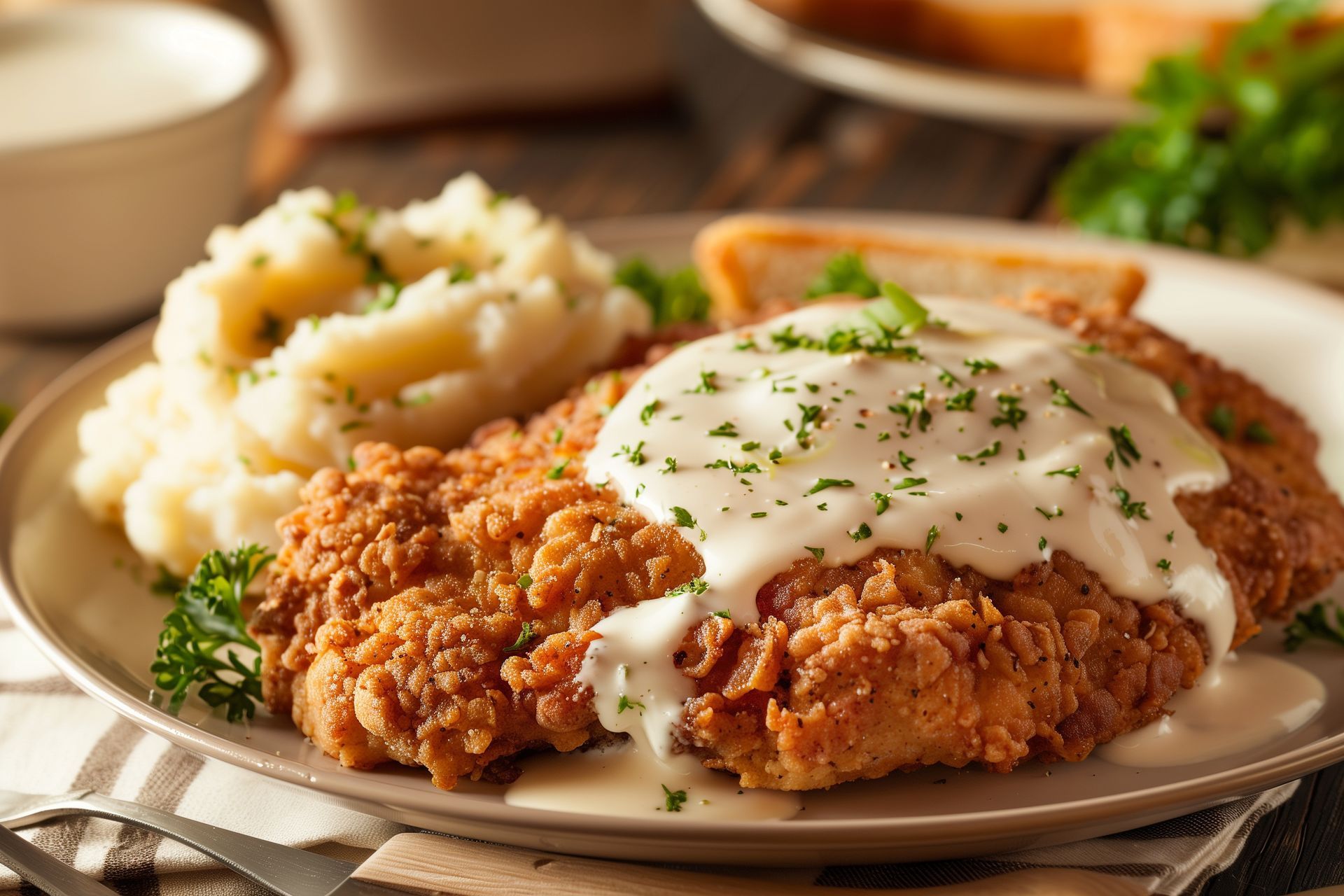 Fried chicken with creamy gravy and mashed potatoes on a dinner plate, garnished with herbs.