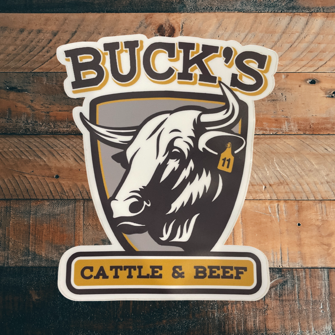 Buck's Cattle & Beef logo with a white longhorn on a rustic wood background
