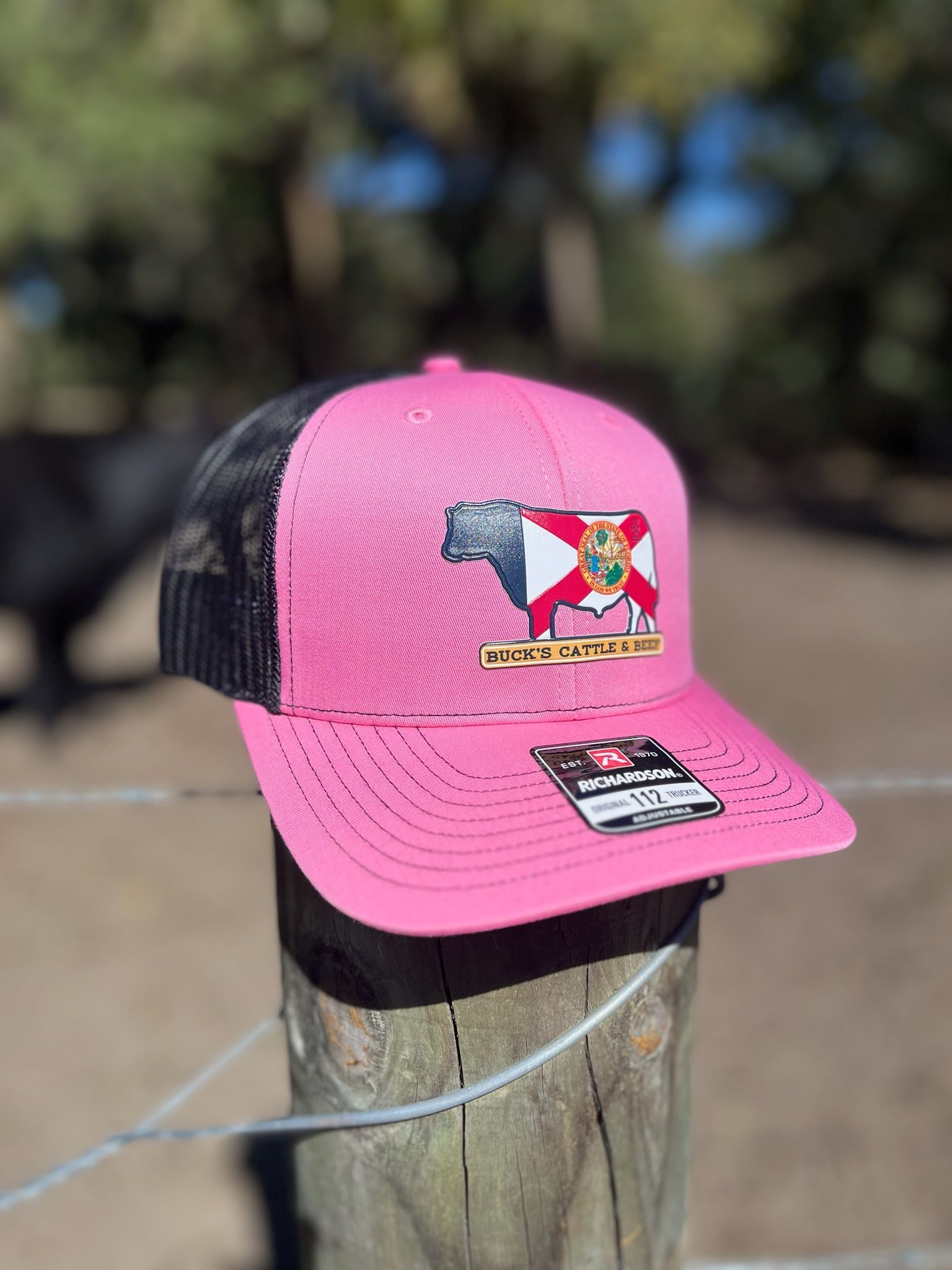 Pink trucker cap with a colorful patch, perched on a wooden post outdoors.