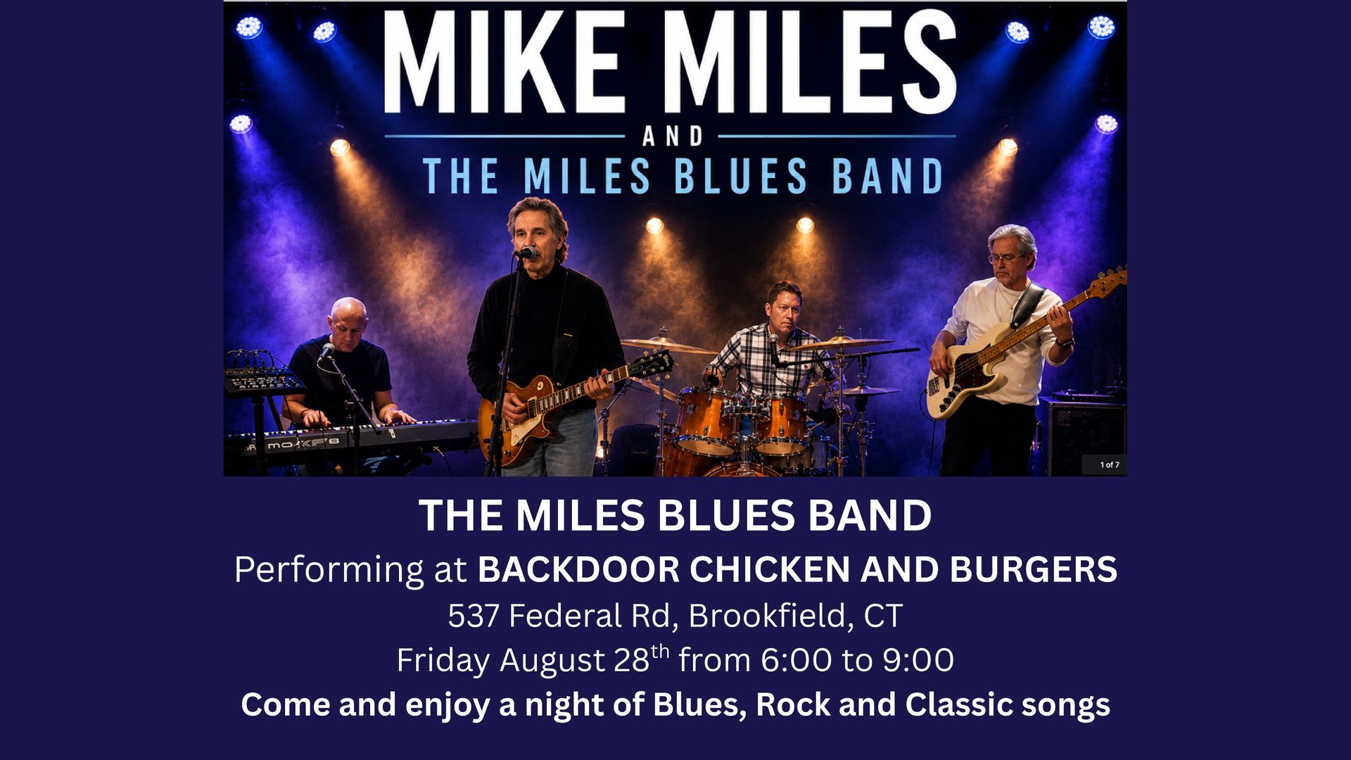 Mike Miles and The Miles Blues Band concert poster with blue stage lights and event details for Backdoor Chicken and Burgers.