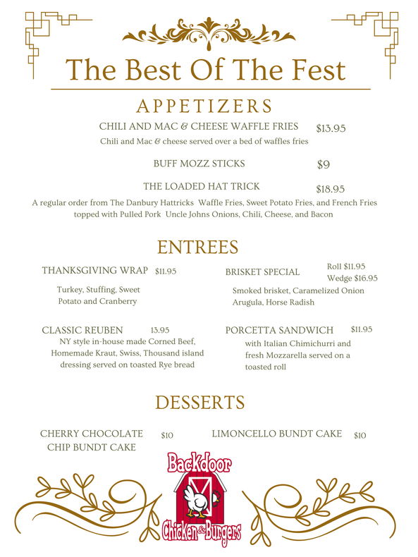 Restaurant menu for “The Best Of The Fest” with appetizers, entrées, and desserts in beige and gold styling