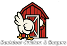 Cartoon chicken peeks from a red barn door; text "Backdoor Chicken & Burgers" below.