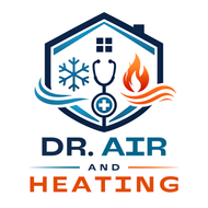 DR. AIR and HEATING logo with house, stethoscope, snowflake, and flame in blue and orange