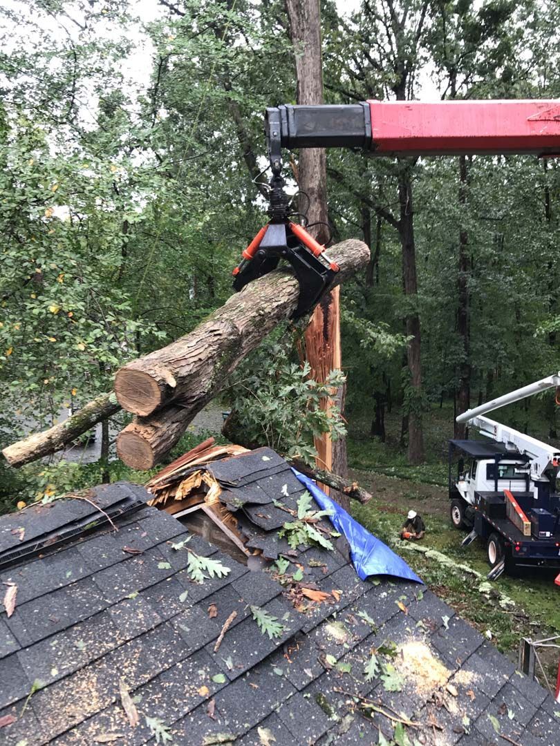 Crane removing a tree limb from a damaged roof, with tree crew and truck in the background.