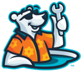Cartoon bear in orange mechanic shirt holding a wrench in a tire-shaped logo