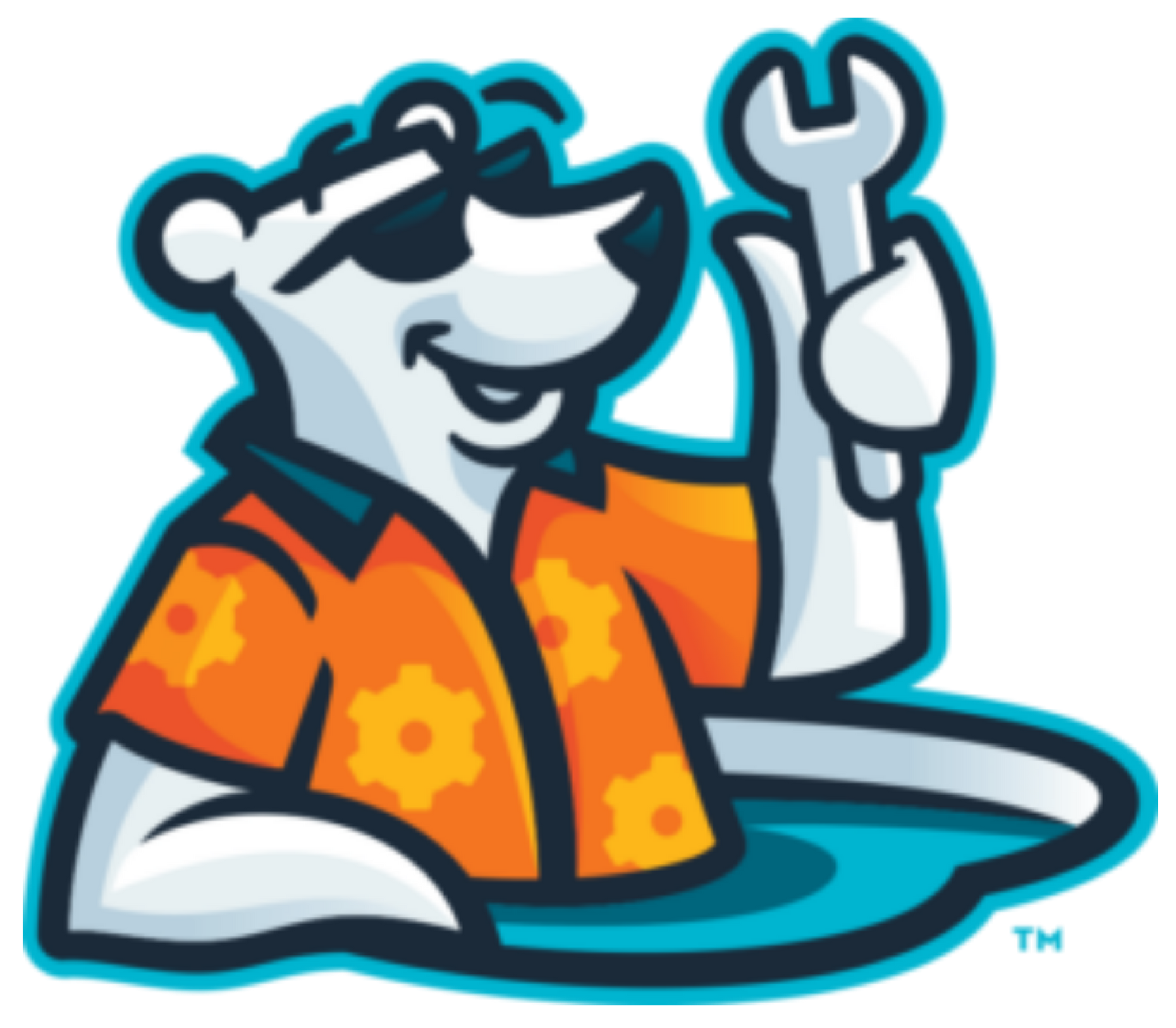 Cartoon bear in orange mechanic shirt holding a wrench in a tire-shaped logo