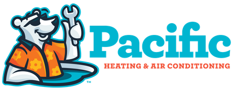 Pacific Heating & Air Conditioning logo with a smiling cartoon HVAC worker and turquoise text