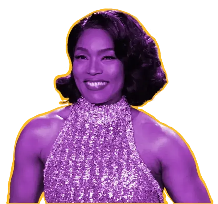 Angela Bassett smiling, wearing a purple sequined gown with a yellow outline.