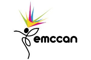 Emcccan logo: Figure with colorful burst above head, black text
