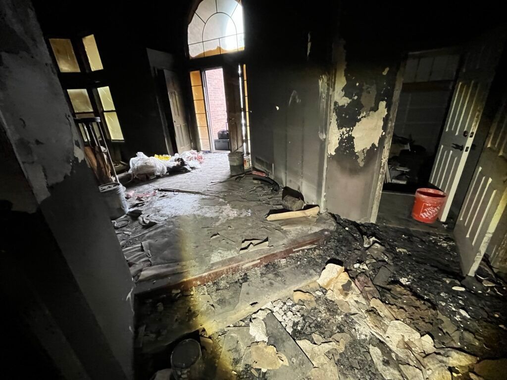 Fire damage restoration needed in a burned home interior in Denver Colorado handled by HRS Restoration Services