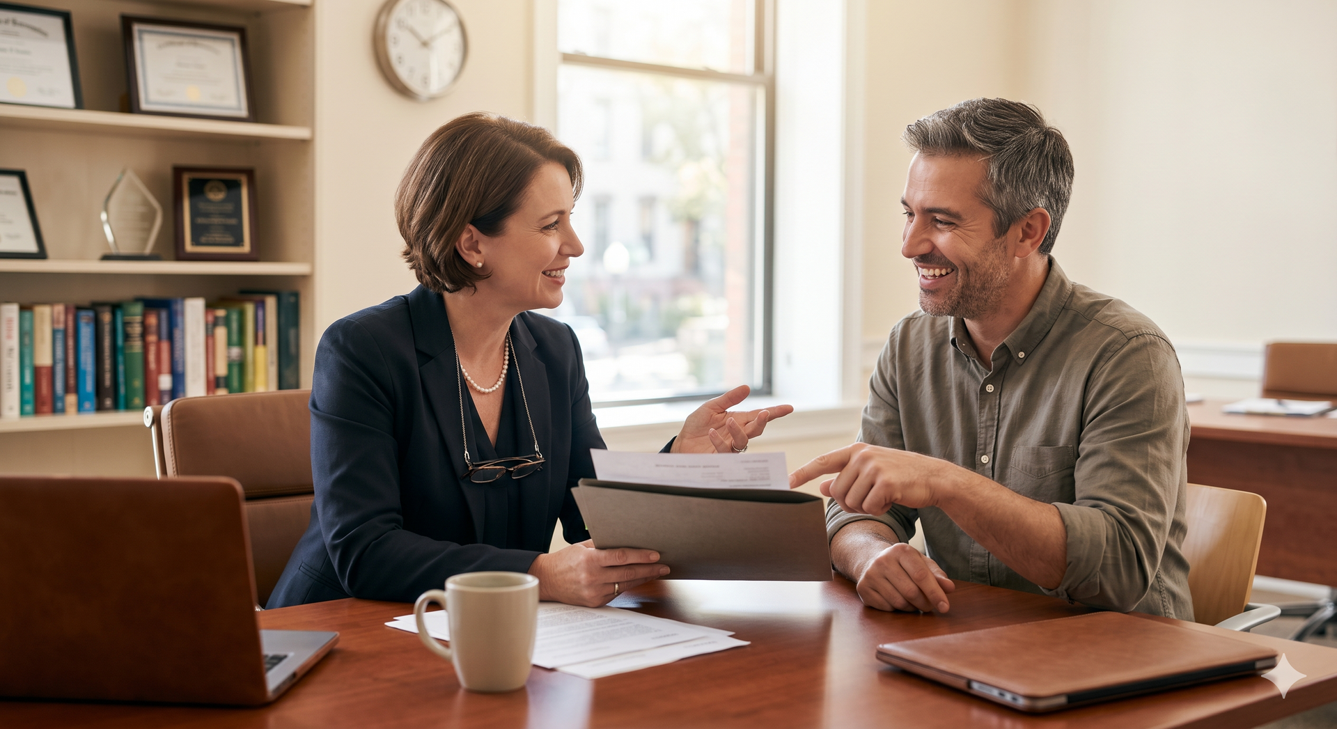 Two people talking at a desk in a bright office, reviewing papers and smiling.