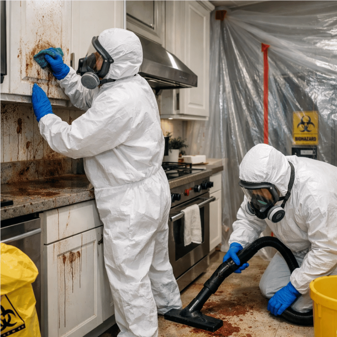 HRS Technicians in protective gear performing professional biohazard cleaning in a Colorado Springs residential kitchen.